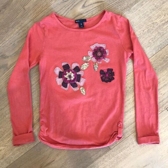 Gap Kids Salmon Long Sleeved Tee with Sequins and Flowers, Girls 8 - Picture 1 of 6